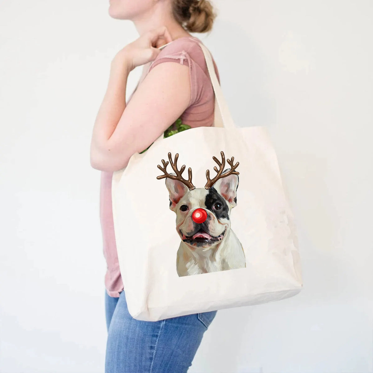 Custom Christmas Dog Photo Canvas Tote Bag, Funny Dog Reindeer Bag