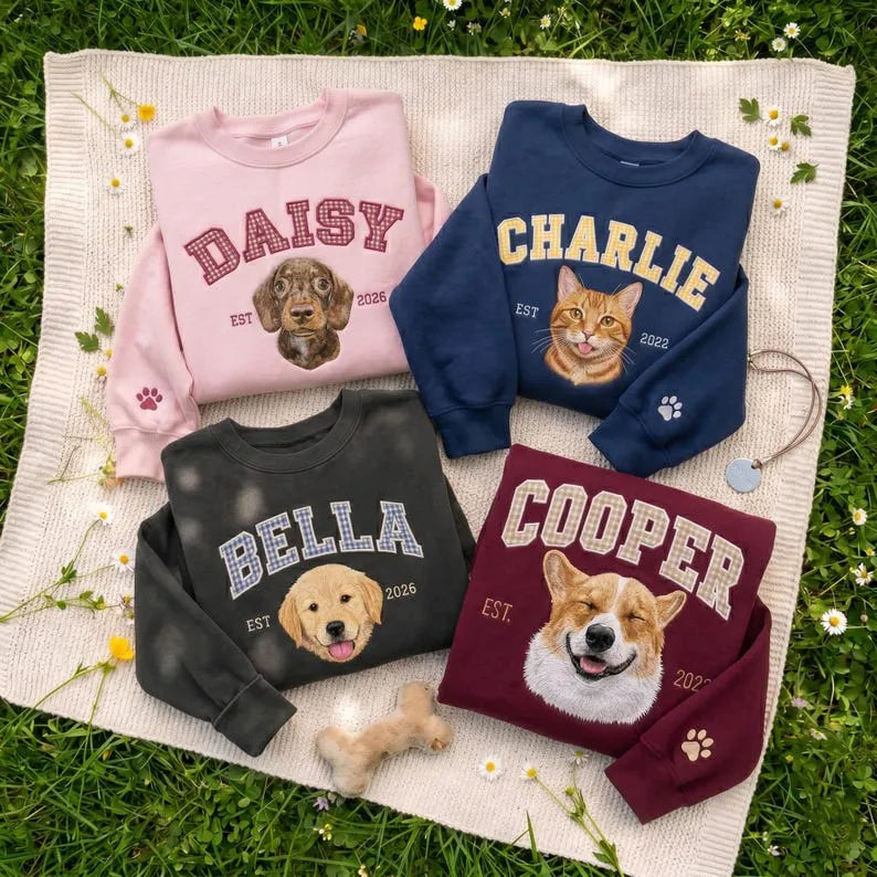 Custom Pet Portrait Embroidered Gingham Applique Sweatshirt
