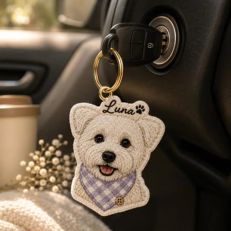 Personalized Pet Portrait Embroidered Keychain, Pet Memorial Keychain, Dog Lover Gift