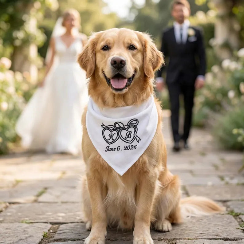 Custom Embroidered Dog Wedding Bandana With Initials, Personalized Dog Wedding Bandana