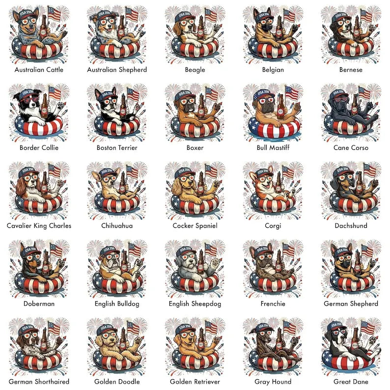 Custom Dog Breed Patriotic Dogs 4th of July Dog T-Shirts, USA Flag, Fireworks, America 250