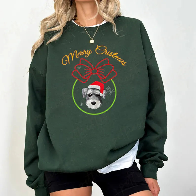 PetFiestas® Embroidery Sparkle Christmas Ball Custom Pet Face Embroidered Sweatshirt Hoodie T-shirt- Colorful Design