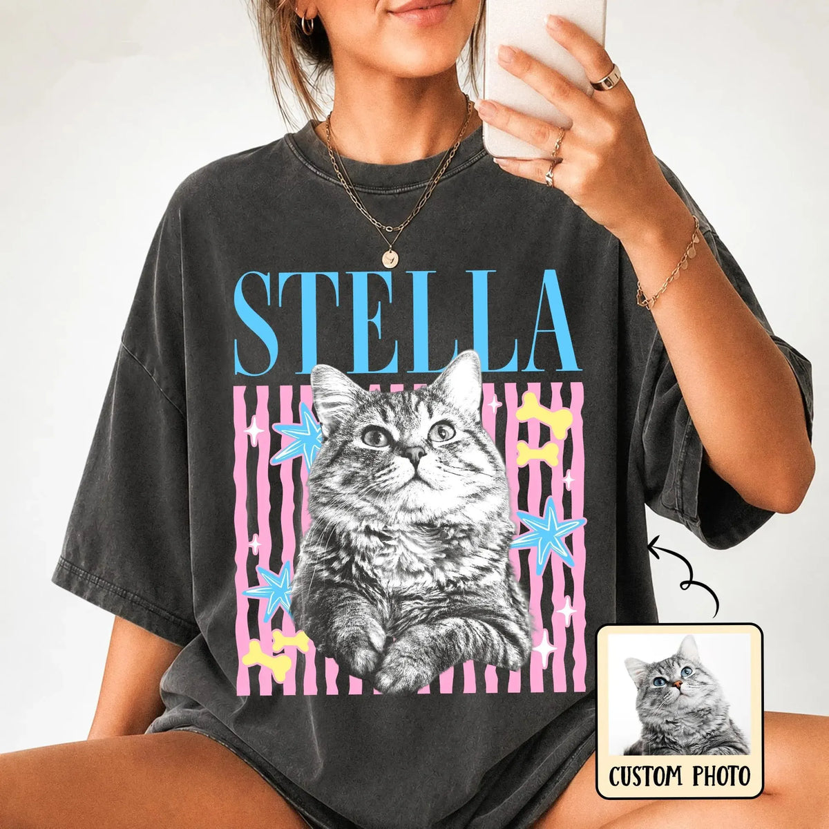 Custom Pet Photo Shirt For Dog Mom, Preppy Pet Striped Tee, Y2K Style