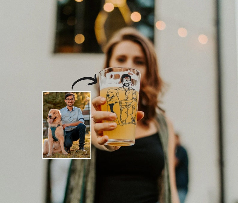 Custom Dad With Dog Portrait Beer Glass, Custom Photo Pint Glass, Fathers Day Drinkware Gift