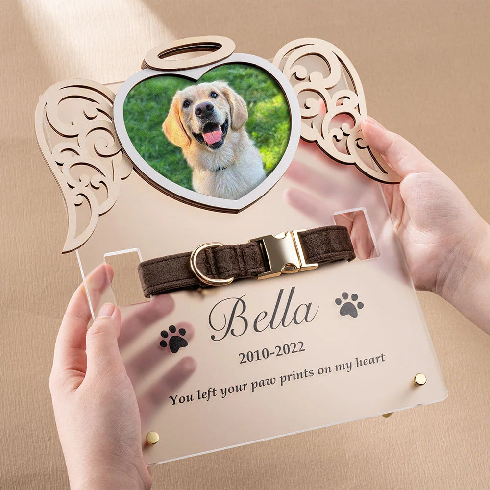 Memorial Pet Plaque - Personalized Cat & Dog Photo Acrylic Keepsake with Angel Wings, Heart & Collar Frame