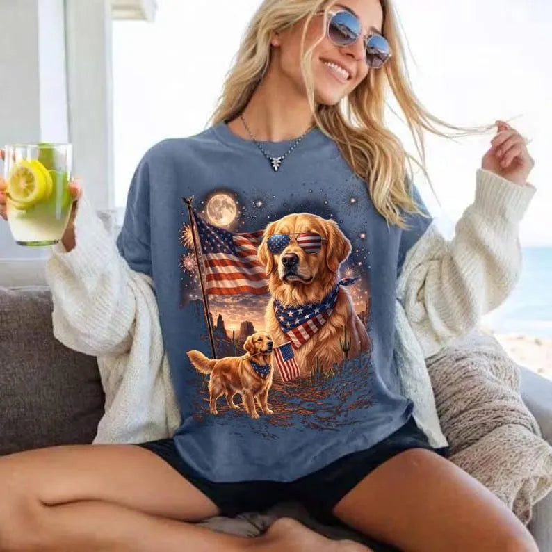 Custom Pet 4th of July Shirt, Personalized Dog Fireworks & American Flag Tee