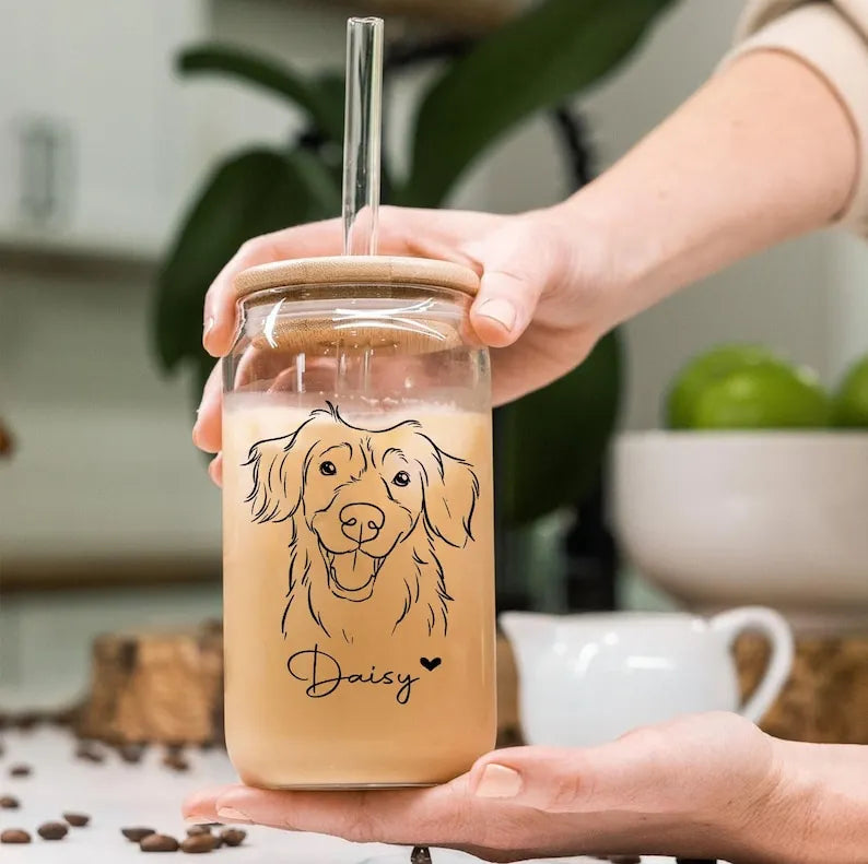 Custom Pet Line Drawing Glass Coffee Mug, Dog Portrait Tumbler With Lid & Straw