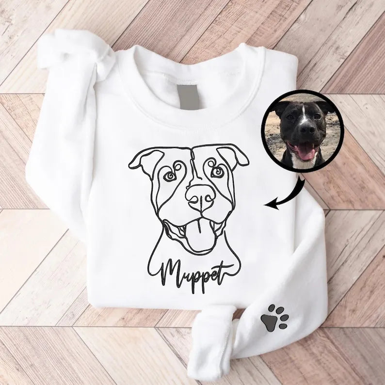Custom Pet Portrait Outline Embroidered Sweatshirt, Personalized Pet Face & Name Sweatshirt- Stylish Outline Style