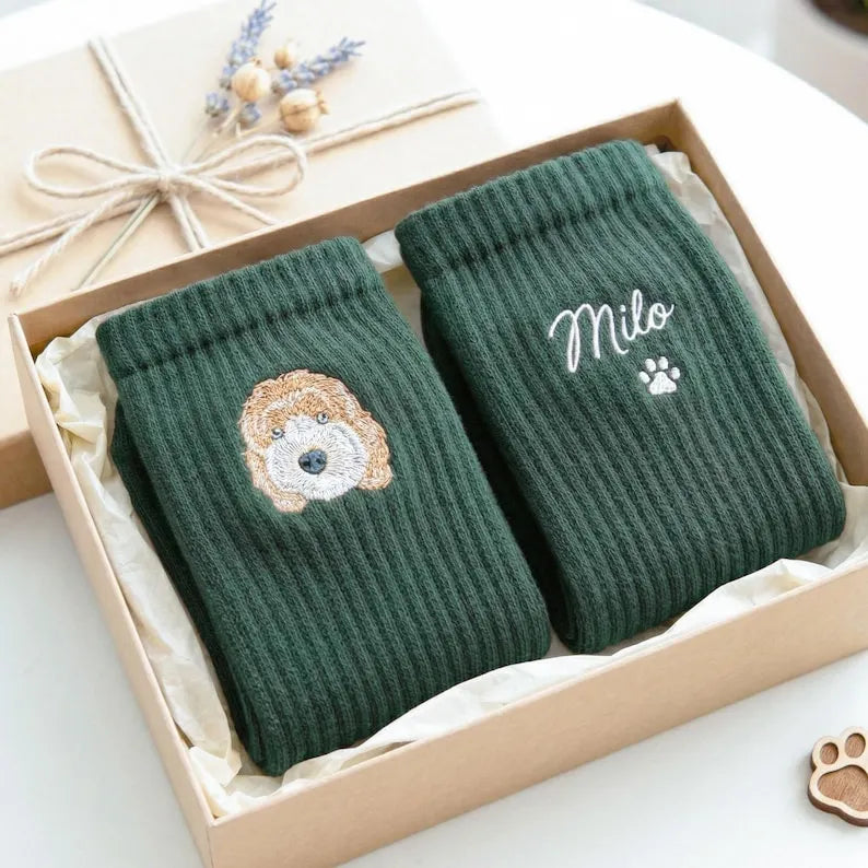Custom Embroidered Pet Portrait Socks From Photo - Personalized Dog Face Socks