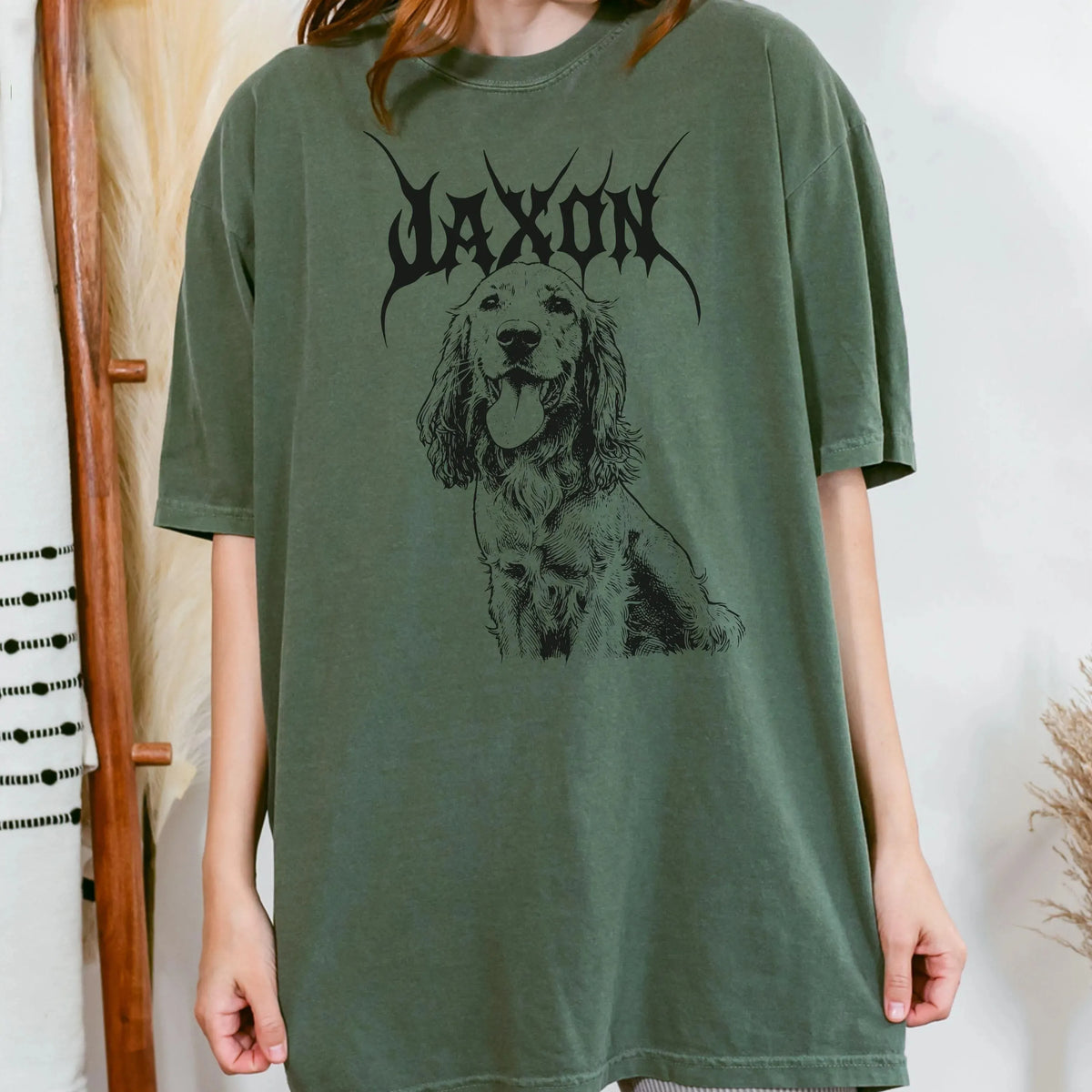 Personalized Pet Portrait Vintage Sketch T-shirt with Gothic Name, Death Metal Dog Portrait Graphic Tee 