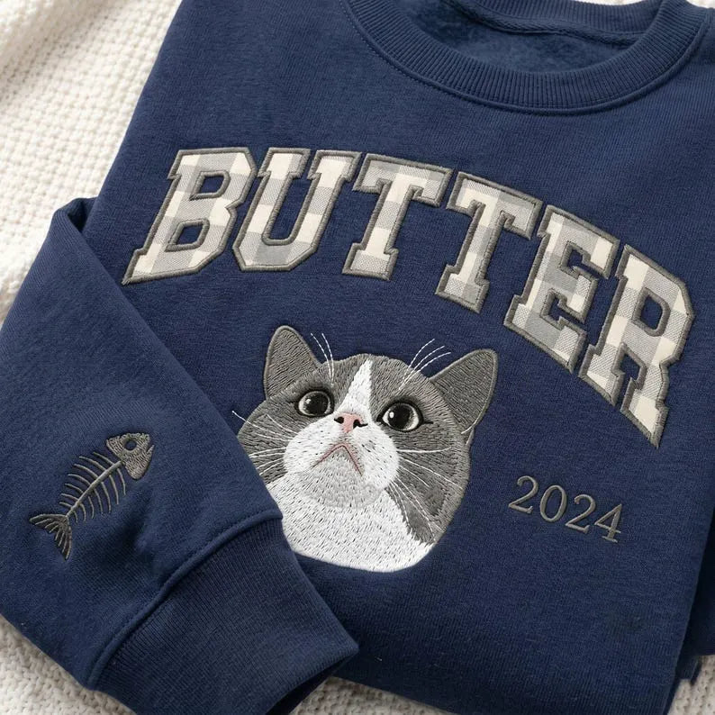 Custom Dog or Cat Portrait Crewneck with Gingham Applique Letters