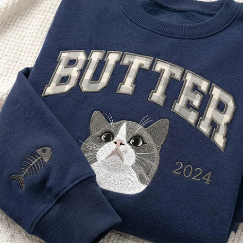 Custom Dog or Cat Portrait Crewneck with Gingham Applique Letters