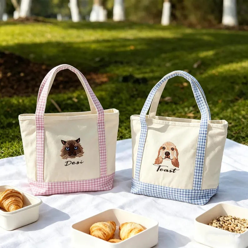 Custom Embroidered Pet Portrait Tote Bag, Canvas Gingham Plaid Bag