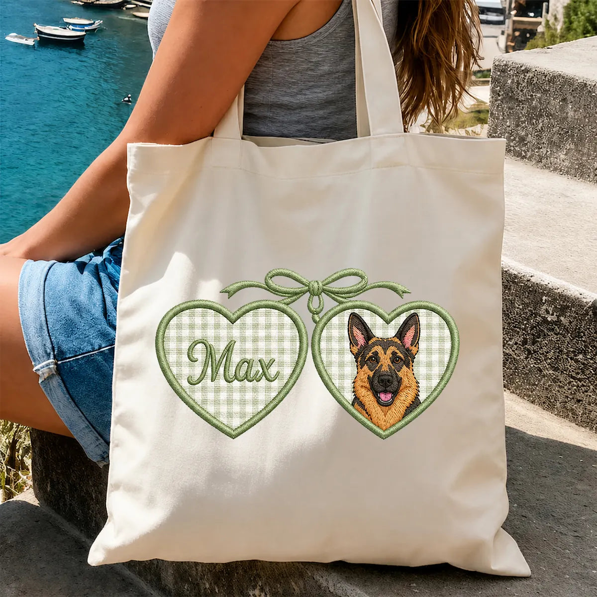 Custom Pet Portrait Embroidered Canvas Bag with Locket Heart Coquette Bow Design