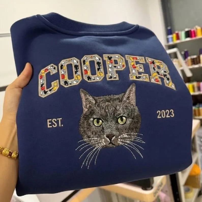 Custom Pet Portrait Embroidered Sweatshirt — Whimsical Applique Name Crewneck