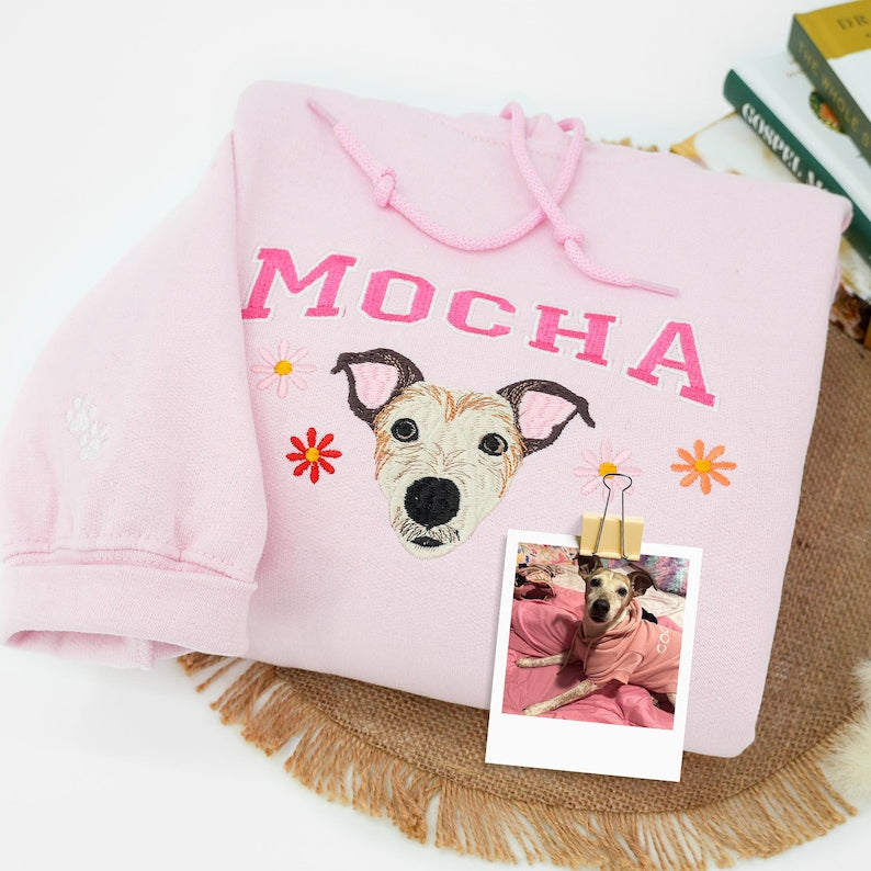 Custom Pet Photo Embroidery with Pet Name T-shirt Sweatshirt Hoodie with Floral Design- Colorful Design