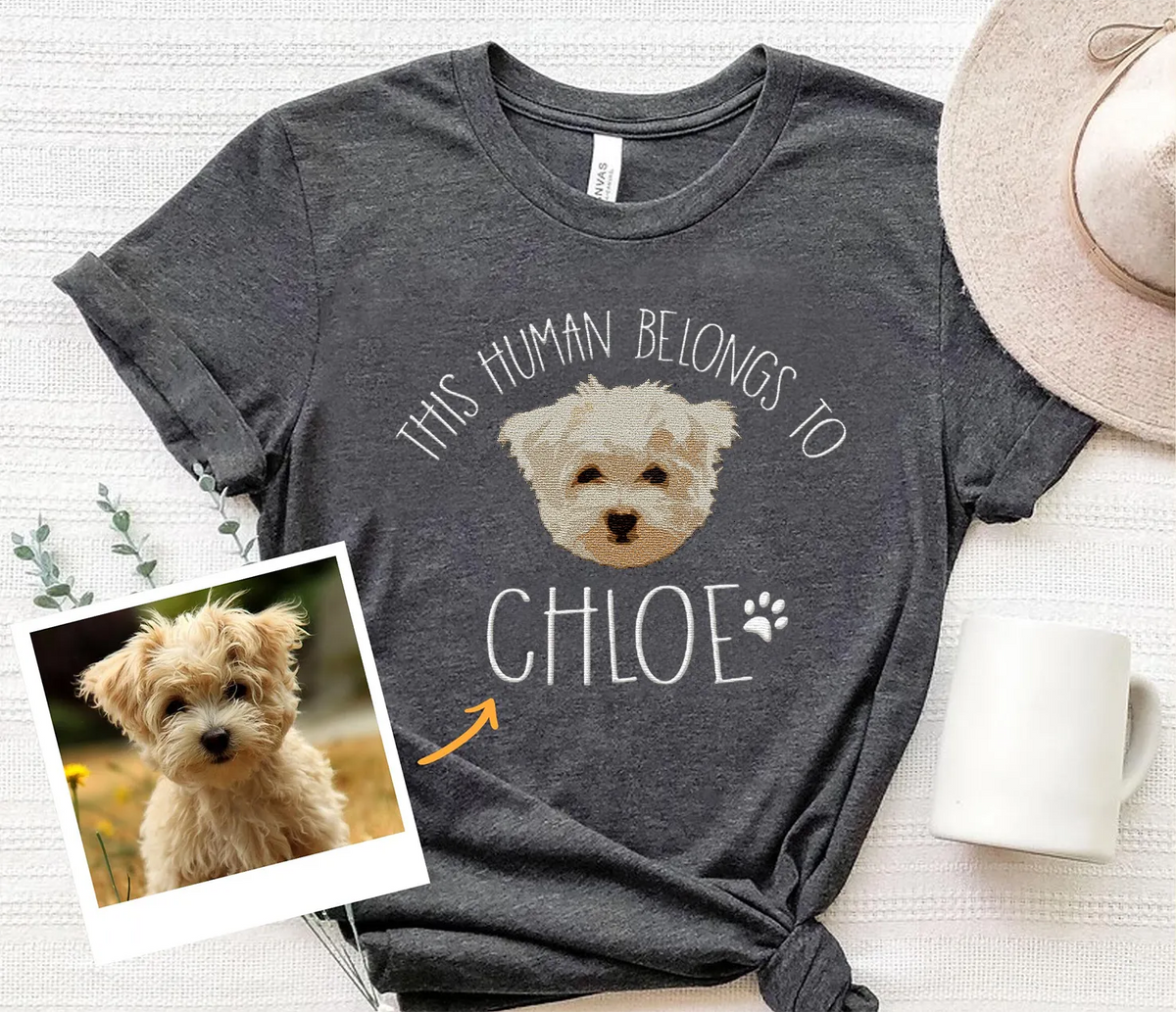 This Human Belongs to Dog Portrait Embroidered Hoodie Sweatshirt T-shirt- Varsity Colorful Design