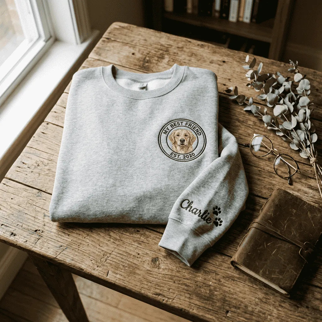 Custom Badge Embroidered Sweatshirt with Pet  Face from Photo - Personalized Pet Portrait Hoodie -Colorful Design