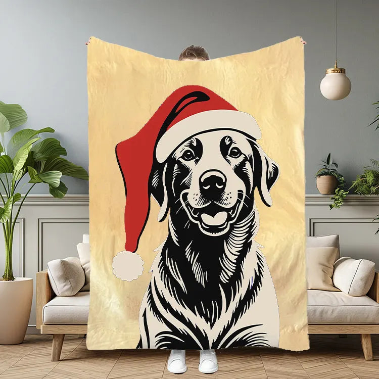 PetFiestas® Custom Pet Portrait Blanket – Vintage Black Art Style with Santa Hat
