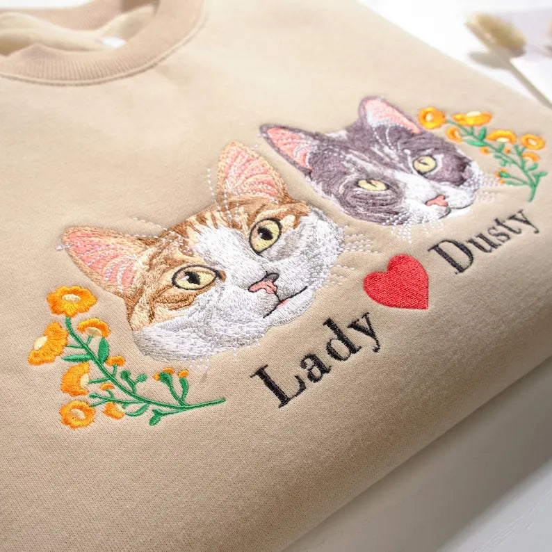 Custom Premium Handcrafted Pet Portrait Embroidered Sweatshirt Hoodie T-shirt- Colorful Design