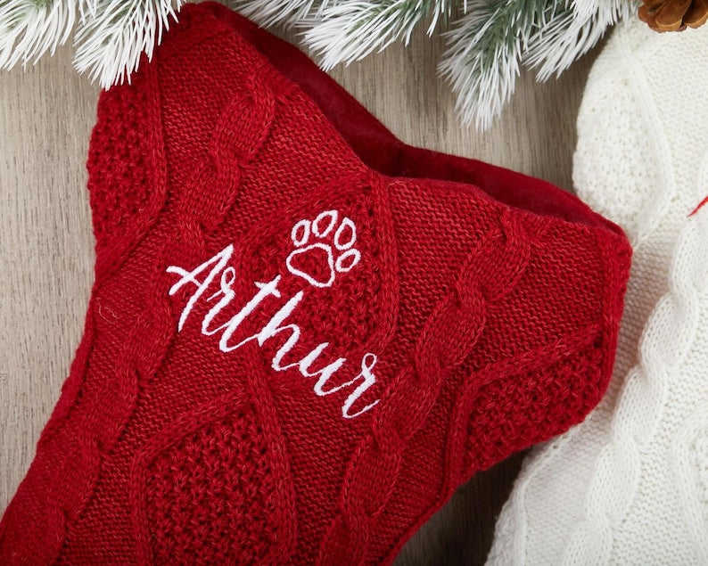 Personalized Dog Bone Christmas Stockings with Embroidered Name