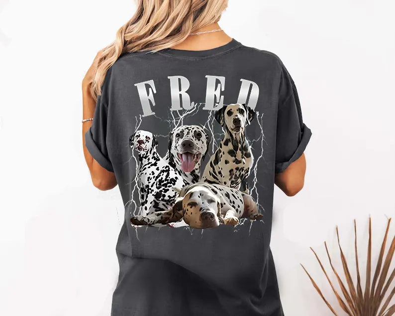 Custom Vintage Pet Photo Printed On Backside Of Pepper Color T-Shirt