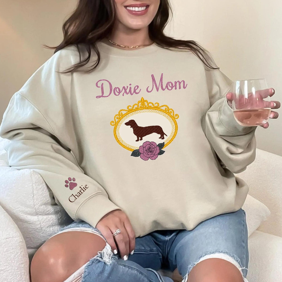 Dog Mom Embroidered Sweatshirt, Personalized Dog Portrait Sweatshirt for Dog Mom