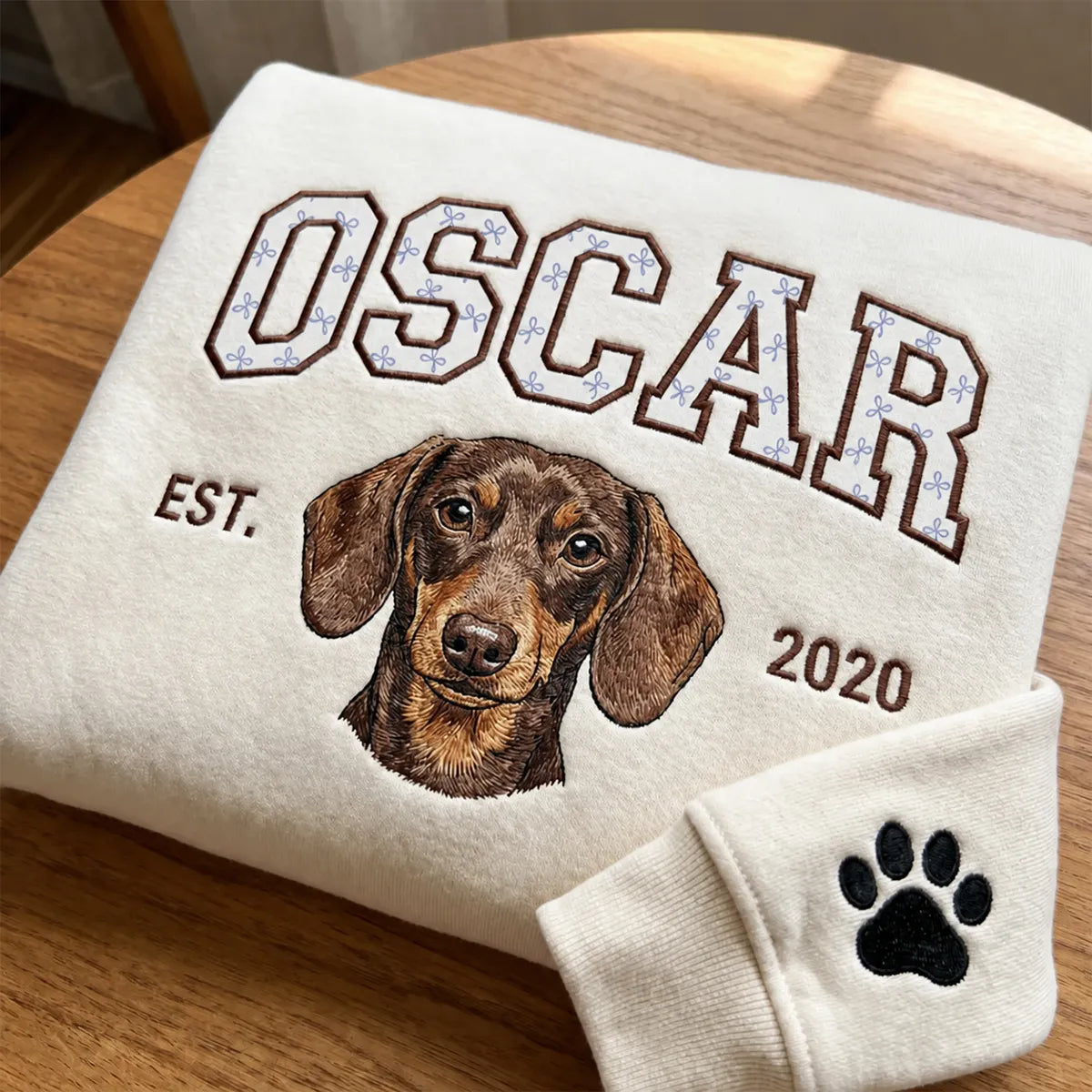 Custom Pet Portrait Embroidered Sweatshirt — Coquette Print Appliqué Name