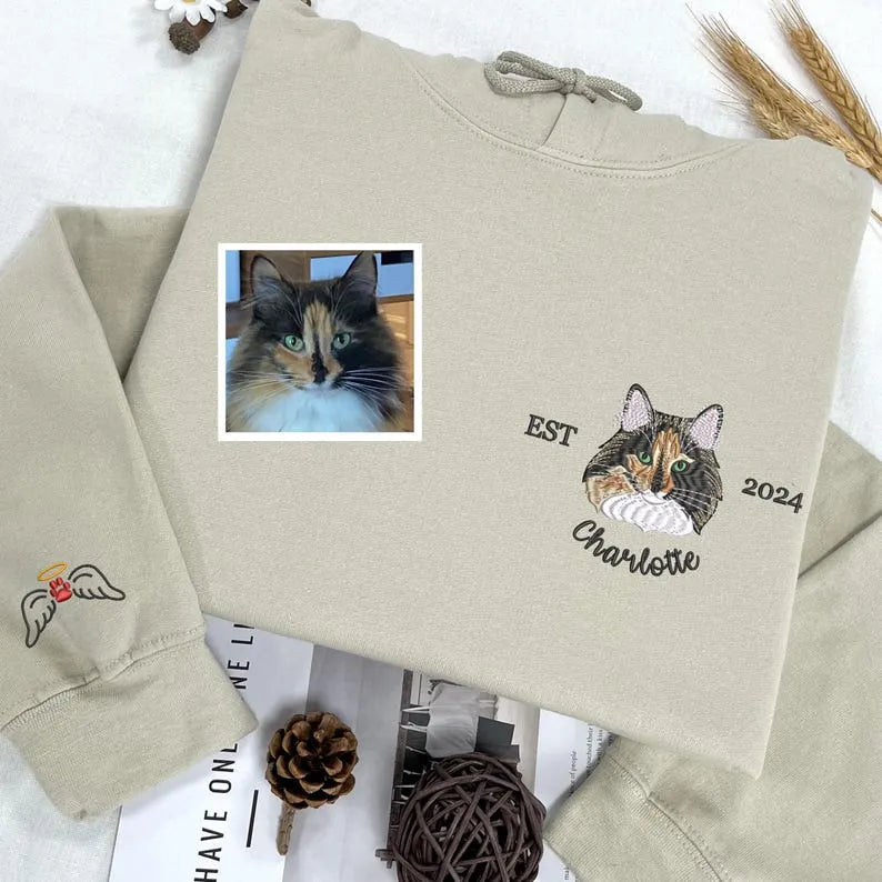 Custom Pet Embroidery Shirt from Photo, Custom Cat Dog Embroidery Hoodie Sweatshirt T-shirt- Colorful Design
