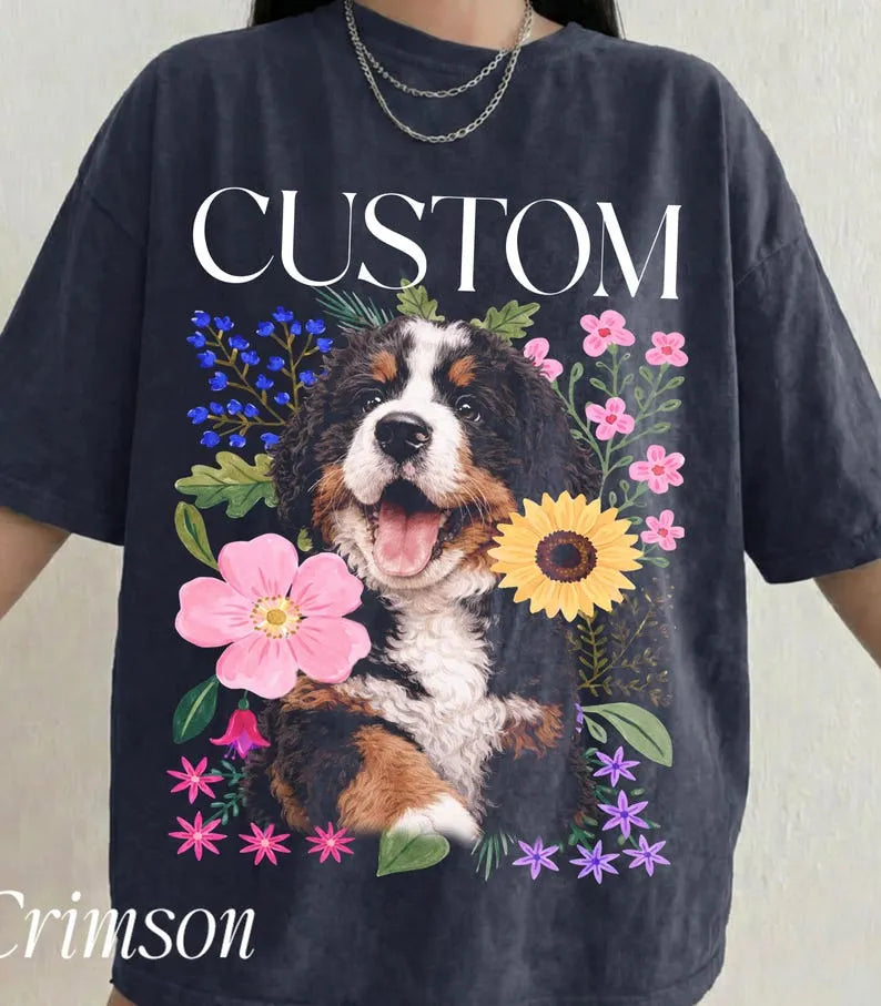 Custom Dog Portrait Floral Illustration T-Shirt, Personalized Pet Tee