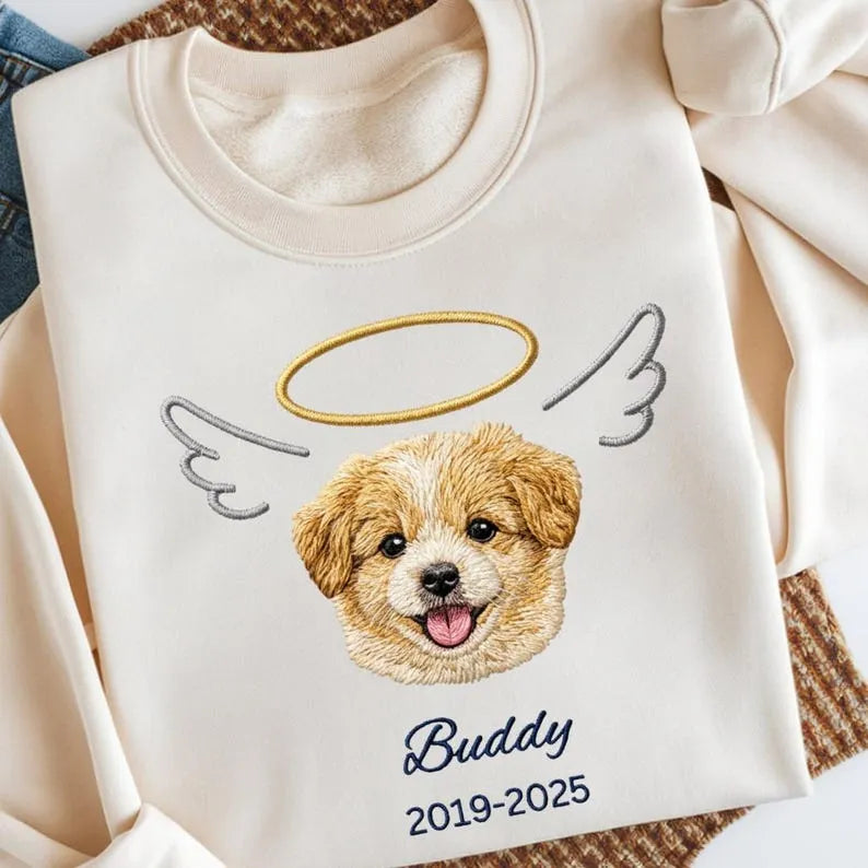 Custom Embroidered Pet Portrait Sweatshirt, Angel Wings Memorial Crewneck