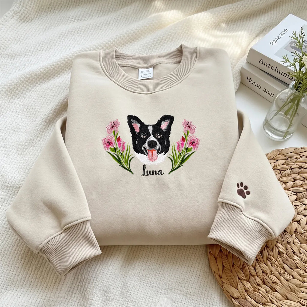 Custom Pet Portrait Embroidered Sweatshirt with Birth Flower Frame