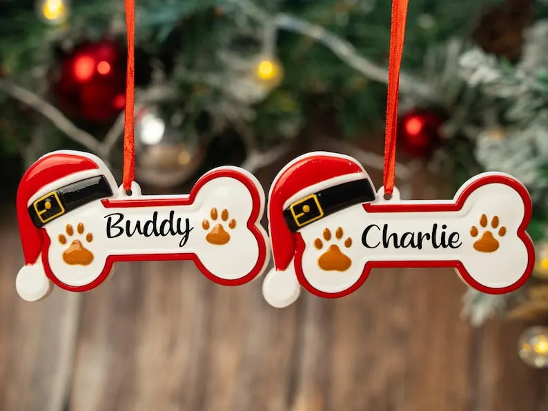 Custom Dog Paw Christmas Tree Ornament, Personalized Pet Name Bone Shape Xmas Decoration