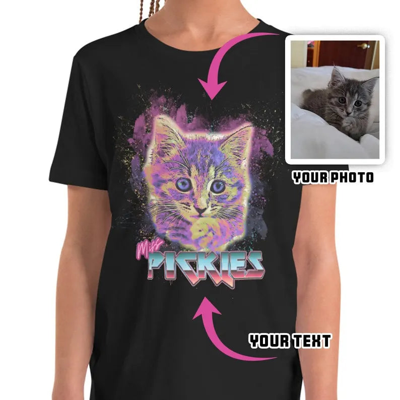 Custom Space Watercolor Pet Portrait T-shirt, Sweatshirt Hoodie, Cat Dog Photo & Text Shirt