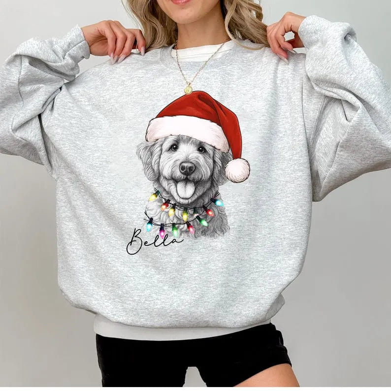Custom Santa Hat Christmas Dog Shirt with Christmas Lights Design, Custom Graphic Tee
