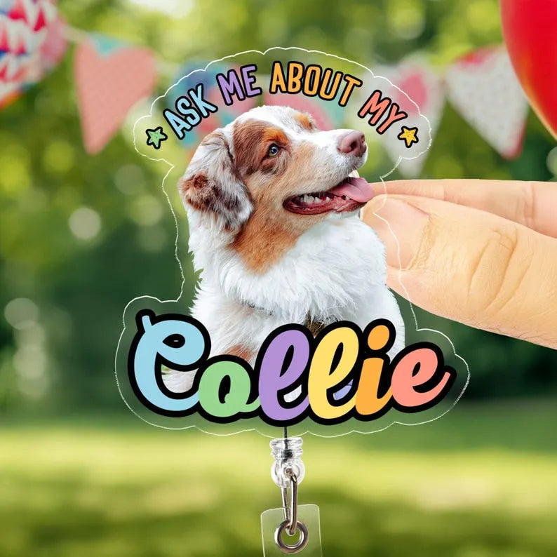 Custom Pet Photo Badge Reel – Personalized Dog Portrait ID Holder for Pet Lovers & Dog Moms