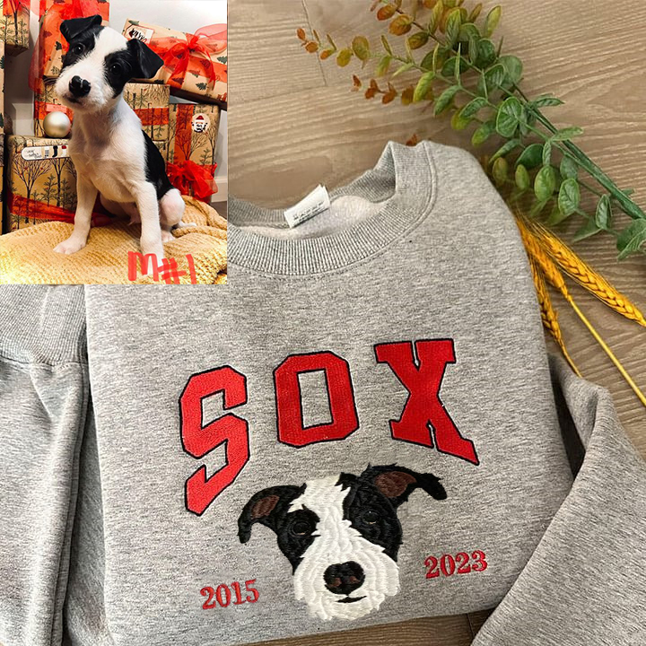 Custom Pet Memorial Pet Photo Varsity Style Embroidery with Est Year T-shirt Sweatshirt Hoodie- Varsity Colorful Design