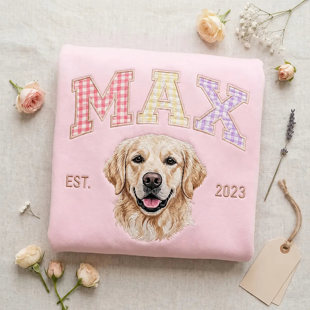 Custom Pet Portrait Embroidered Sweatshirt with Multi-Color Gingham Varsity Name