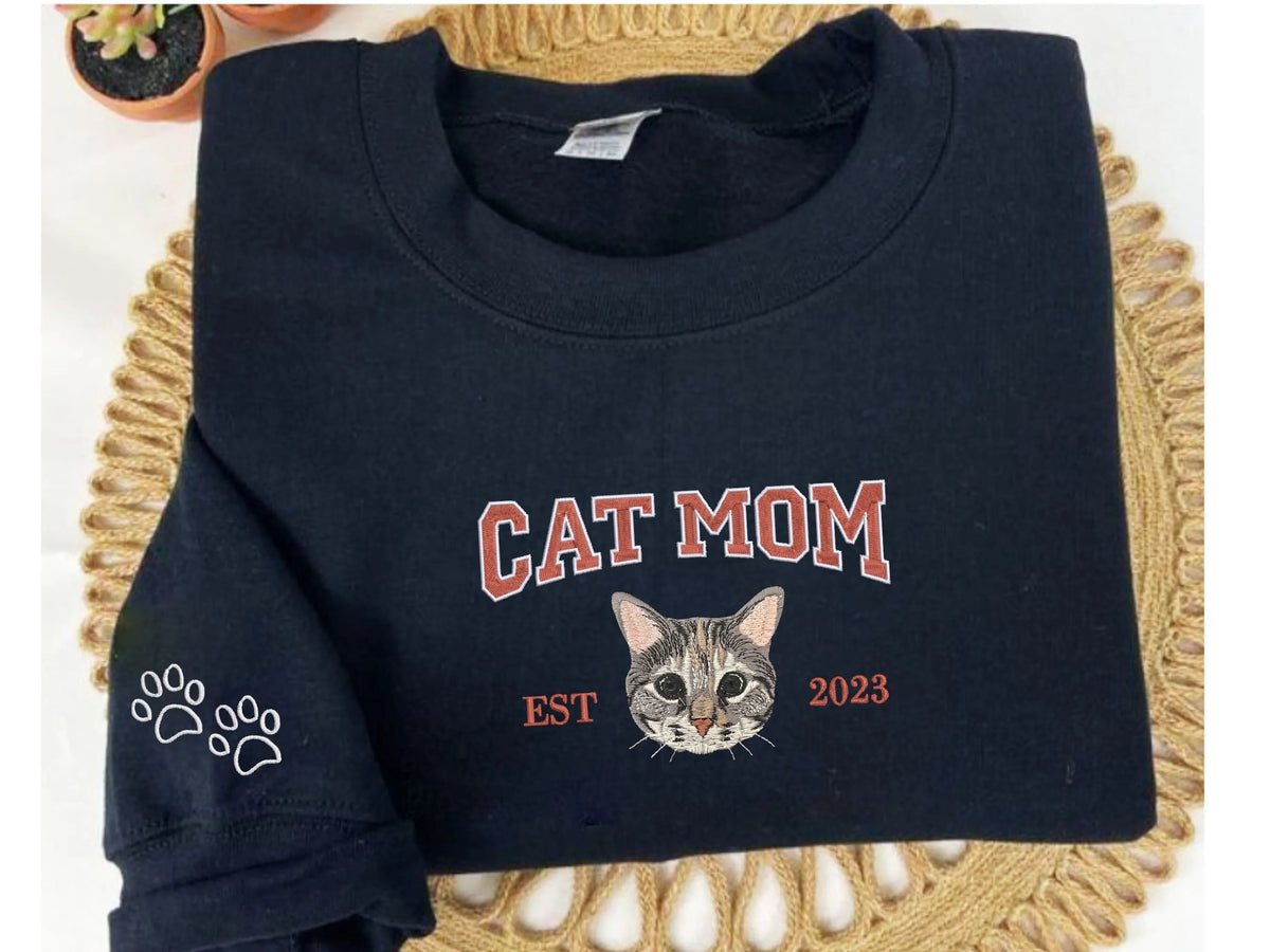Custom Embroidered Varsity Cat Dad Sweatshirt or Hoodie Portrait from Photo- Varsity Colorful Design