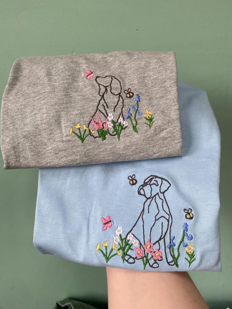 Wildflower Embroidered Shirt Custom Dog Outline Embroidered Sweatshirt Hoodie T-shirt- Stylish Outline Style