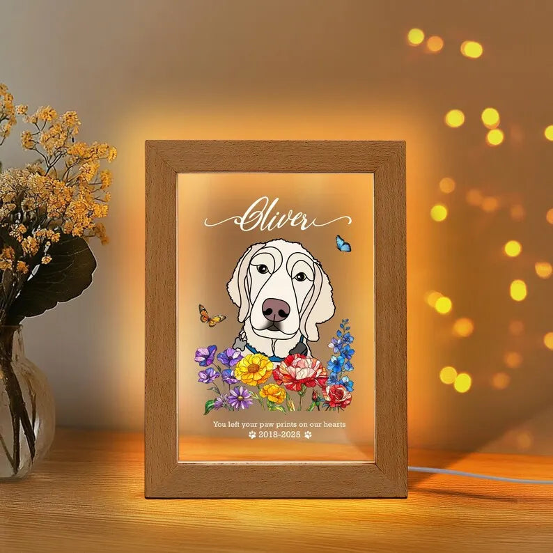 Custom Pet Memorial Night Light with Photo, Name & Floral Design