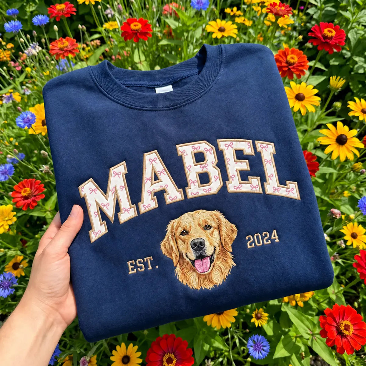 Custom Pet Portrait Embroidered Sweatshirt — Coquette Print Appliqué Name
