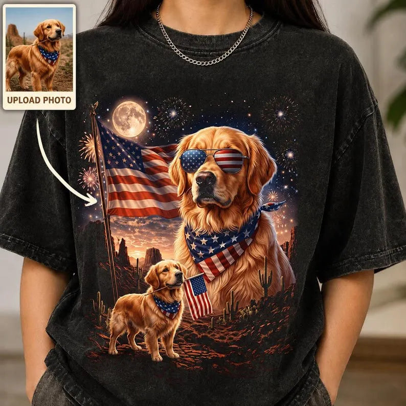 Custom Pet 4th of July Shirt, Personalized Dog Fireworks & American Flag Tee
