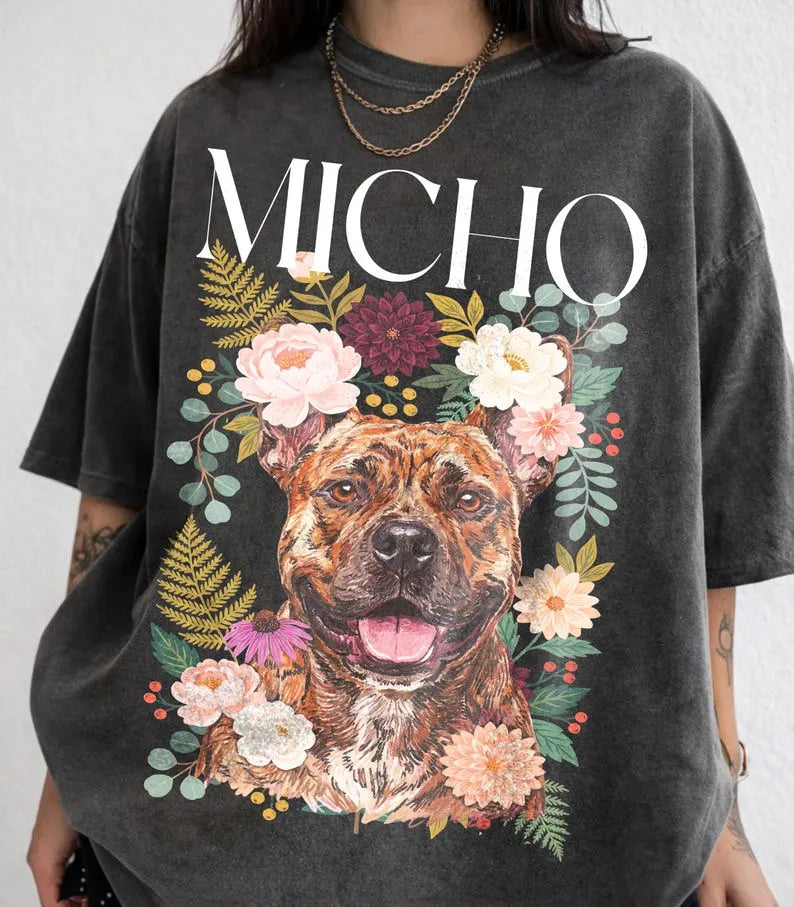 Custom Dog Portrait Floral Illustration T-Shirt, Personalized Pet Tee