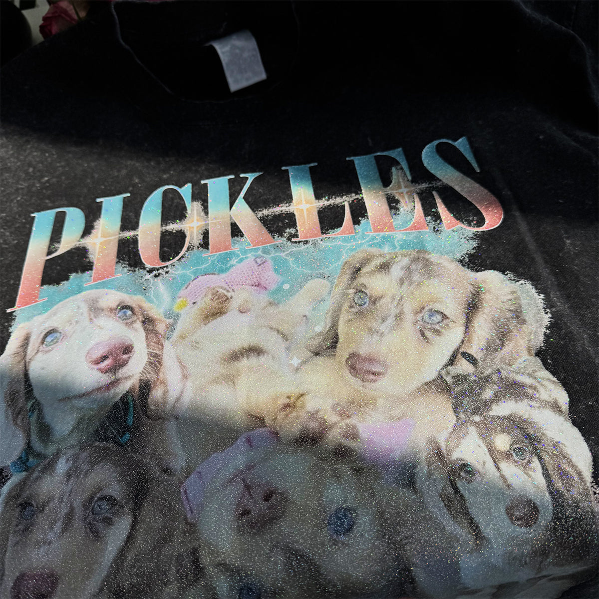 PetFiestas® Custom Photo Glitter Printed Vintage 90s Graphic Tee Sweatshirt Hoodie
