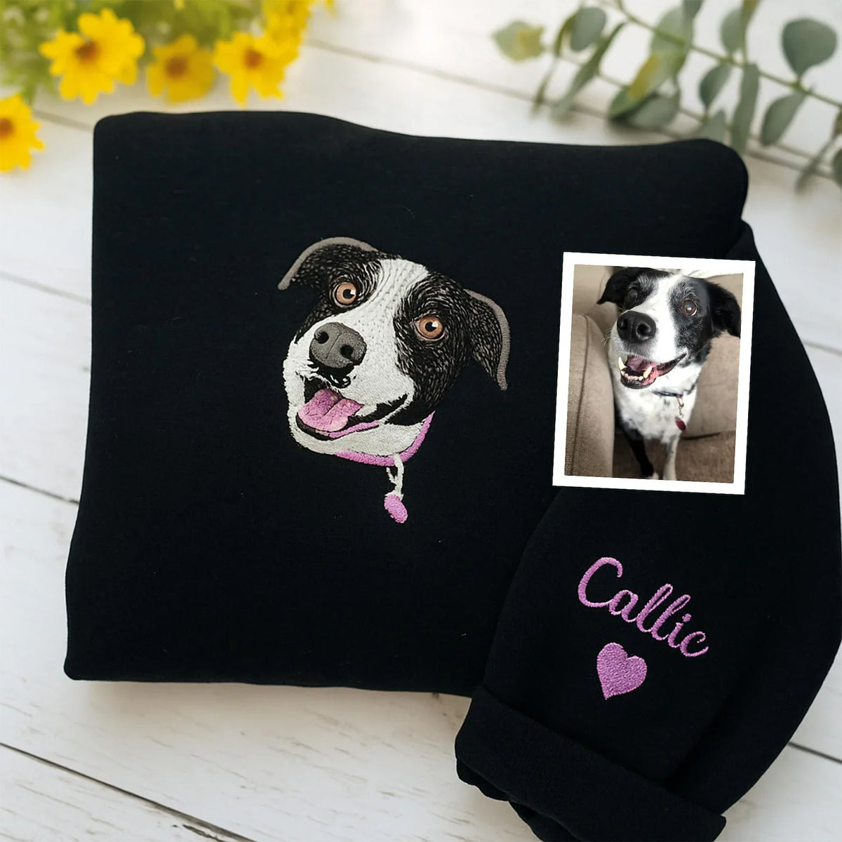 Full Color Pet Portrait Embroidered Sweatshirt – Custom Dog, Cat & Horse Face with Name/Date- Colorful Design