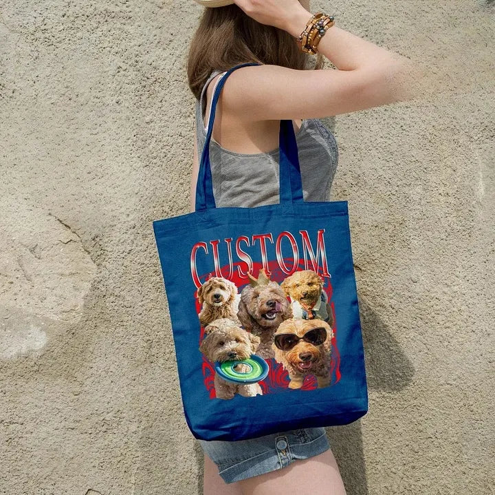 Vintage Pet Memorial Tote Bag - Retro Custom Dog & Cat Portrait Tote - Personalized Canvas Keepsake for Pet Loss