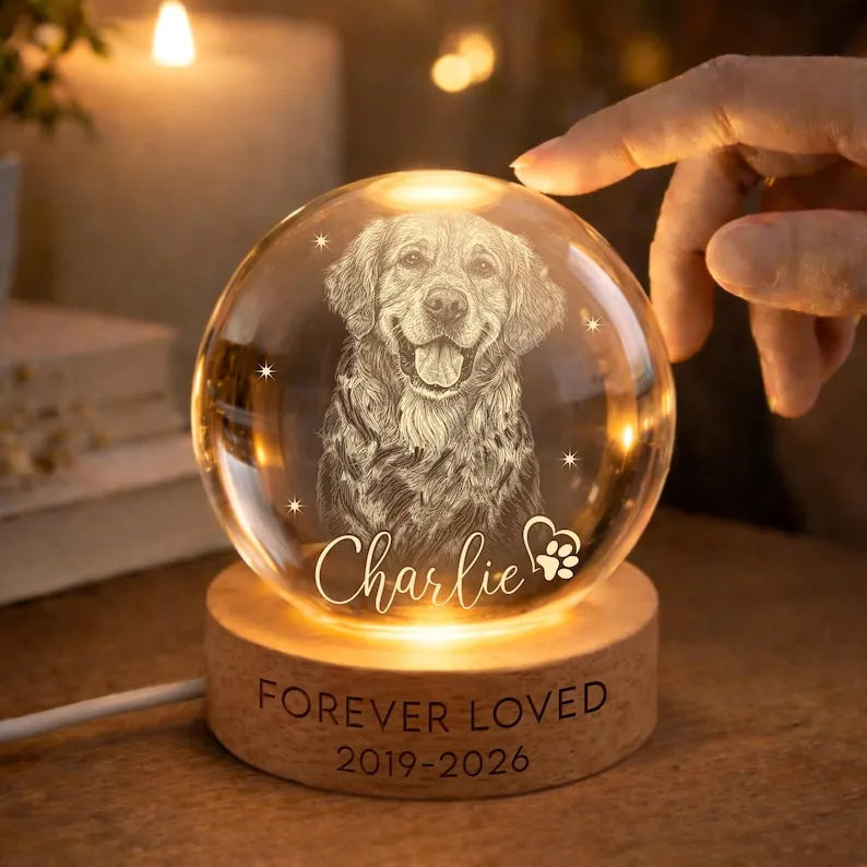 Personalized Pet Memorial Night Light, Pet Portrait Crystal Ball Night Light, Pet Memorial Gift