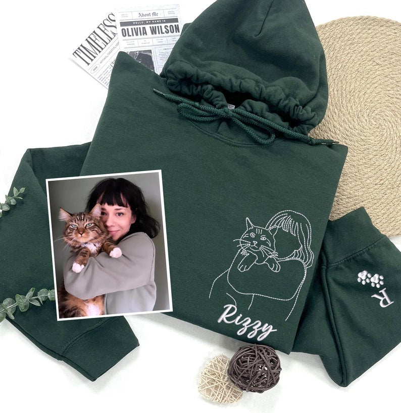 Custom Embroidered Pet and Owner Portrait Sweatshirt From Your Photo, Pet Outline T-shirt- Stylish Outline Style