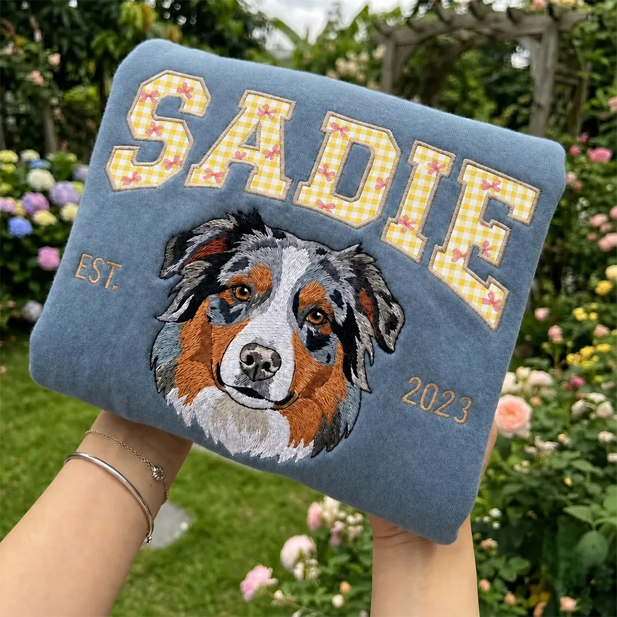 Custom Pet Portrait Sweatshirt with Bow & Gingham Appliqué Name — Coquette Style